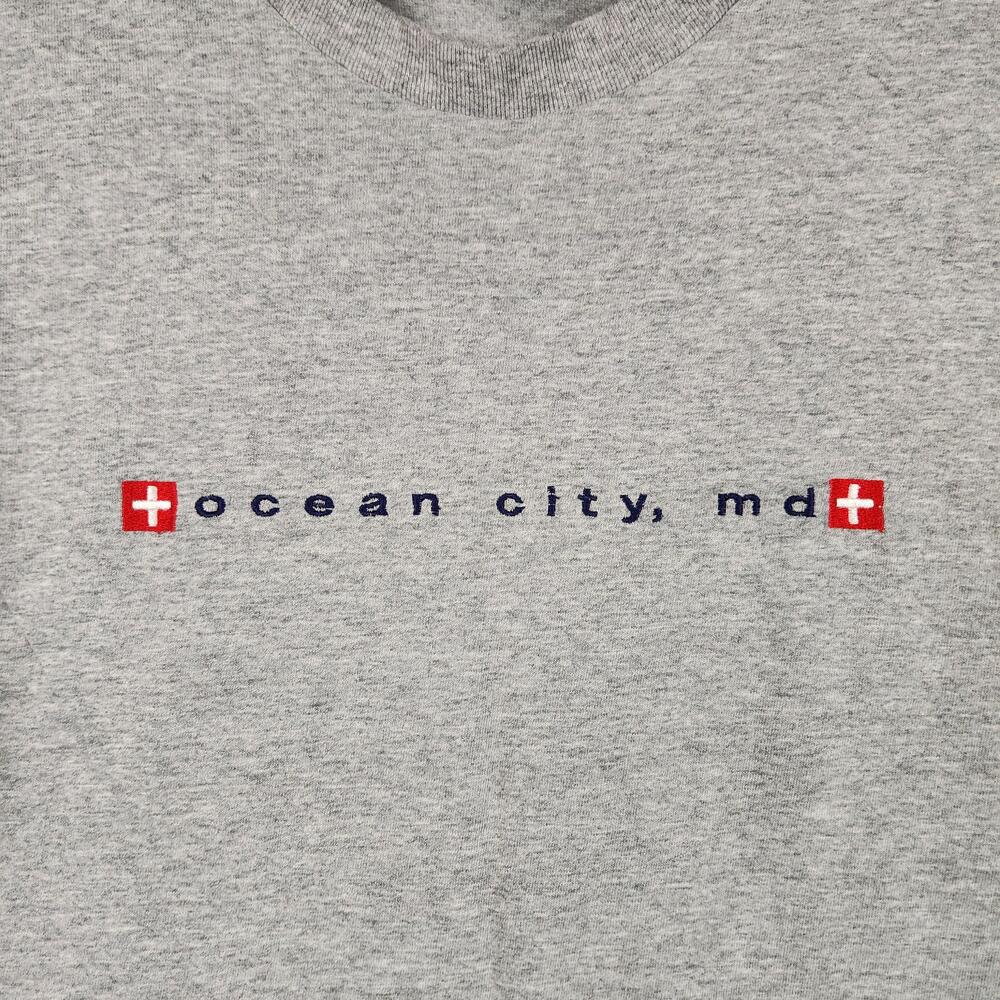 Vintage Ocean City MD Shirt Mens Medium Gray Graphic Embroidered Logo Cross Y2k
